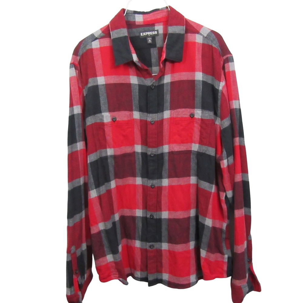 Express Mens Button Up Shirt 2XL Red Black Plaid Long Sleeve‎ Cotton